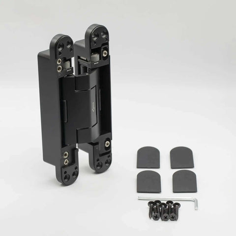 Heavy-Duty Self Soft-Closing Hidden Door Hinge for Commercial and Residential Doors, matte black, with installation accessories.