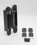 Heavy Duty Self Closing Hidden Door Hinges Holds 120 Lbs with mounting hardware for easy installation and matte black finish.