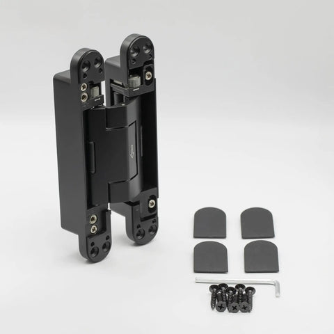 Heavy Duty Self Closing Hidden Door Hinges Holds 120 Lbs with mounting hardware for easy installation and matte black finish.