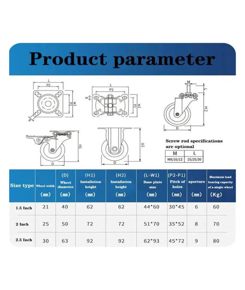 Technical diagram showing dimensions and specifications for 4 Pack 1.5 Inch Diamond Swivel Wheel Furniture Caster With Brake And Double Bearing Sleeve Black Stem Casters M8 And M10 Universal 10x25mm Workhorse No Nonsense Heavy Duty Floor Friendly.