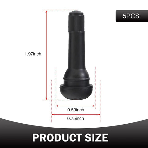 Dimensions of Five Pack Tubeless Tire Valve Stems That Snap In Easy Rubber Air Tight Seal Replacement Kit, showing height and diameter.