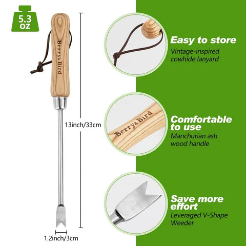 Heavy Duty Hand Weeder With V Shaped Fork For Deep Root Uprooting, wood handle, 13 in length, easy storage lanyard, detail view.