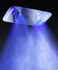 Straight Up Luxury Ceiling Mount Shower System With Remote Led Head And Mist Waterfall Spray Boasting Smart Temp Control And Heavy Duty Rust Proof Body For No Sweat Game Changer Spa Vibes with blue LED lights and mist.