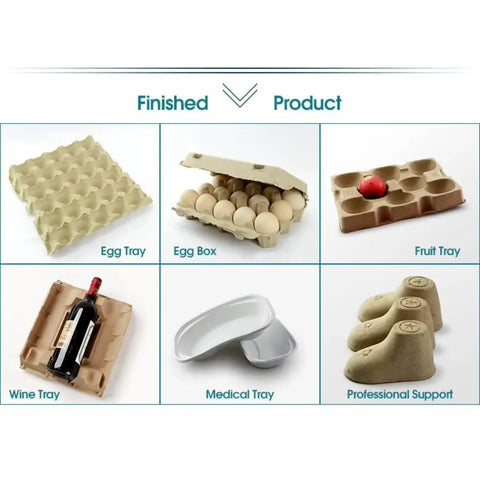 Commercial Paper Tray Machine With Automatic Pulp Molding Egg Carton Former creates various pulp trays, including egg and fruit trays.