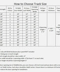 Chart showing track size selection guide for bi-fold sliding barn door hardware kit in rustic black.