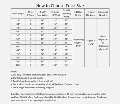 Chart showing track size selection guide for bi-fold sliding barn door hardware kit in rustic black.