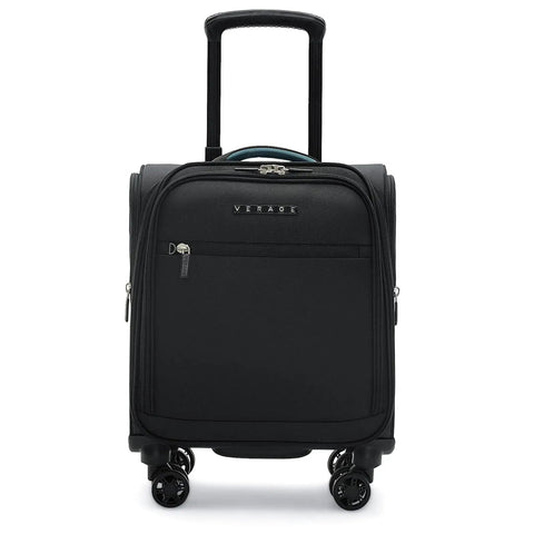 Front view of Underseat Carry On Luggage With Wheels 14 Inch Softside Spinner Travel Bag In Black For Airlines And Short Trips