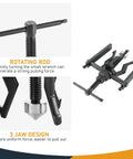 Three Jaw Inner Bearing Puller for Cars SUVs with rotating rod and 3 jaw design, carbon steel, black oxide finish, tool parts shown