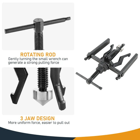 Three Jaw Inner Bearing Puller for Cars SUVs with rotating rod and 3 jaw design, carbon steel, black oxide finish, tool parts shown