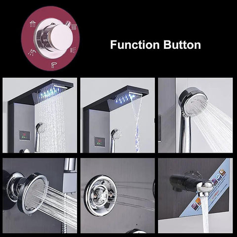 LED Rainfall Shower Panel Tower With Waterfall Handheld Tub Spout And Massage Jets Temperature Display Five Function Spa Upgrade For A Modern Bathroom Makeover With Epic Spa Vibe
