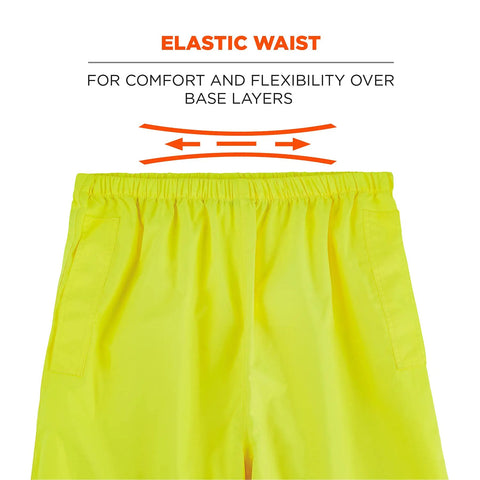 Elastic waistband of High Visibility Reflective Rain Pants Lime Large for Over Boots Lightweight Waterproof ANSI Compliant Gear
