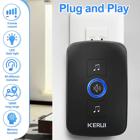 Wireless Doorbell Kit With 60 Chimes And 5 Volume Levels Plus Mute, 1000ft Long Range, LED Flash Alerts, wall plug view