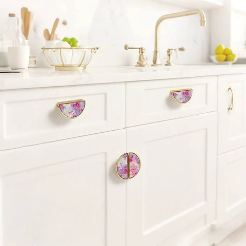 Pink Rose Hydrangea Cabinet Handles 2 Pack 3 Inch Center Hole Semicircle Gold Drawer Pulls installed on white cabinets.