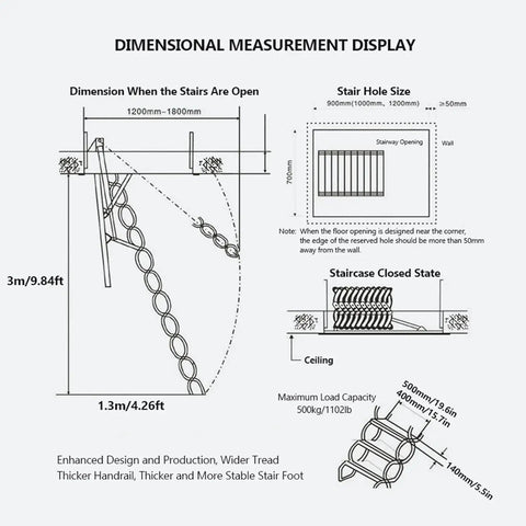 Dimensional measurement display of Heavy Duty Electric Attic Ladder With Remote Pull Down Loft Stair Folding Steel Ceiling Access Retractable Staircase.