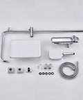 Wall Mount Shower Systems with Rain Shower Handheld and Tub Spout Chrome parts including hoses, spout, and showerhead.