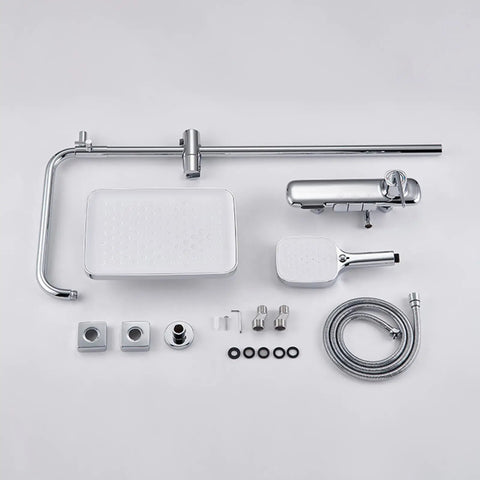 Wall Mount Shower Systems with Rain Shower Handheld and Tub Spout Chrome parts including hoses, spout, and showerhead.