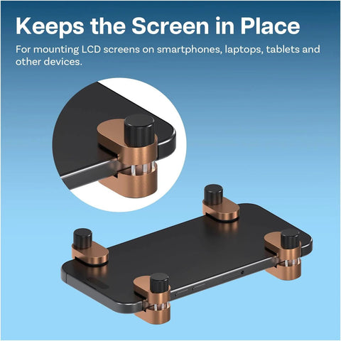 Four Piece Set Adjustable Aluminum Clip Fixture Glue Clamp For LCD Screen Repair Tool To Secure Replaced Screens In Place On Smartphones, Computers, Laptops, Tablets And Ebooks Bronze Finish installed on phone