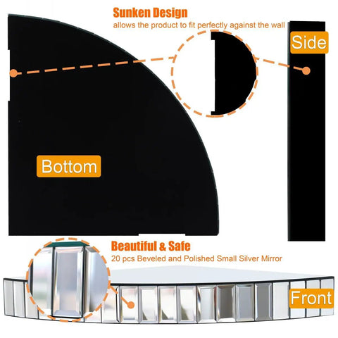 Diagram showing Mirrored Corner Shelf Set Two Pack 11.8 Inch By 2 Inch Silver Mosaic Glass Floating Ledge design and dimensions