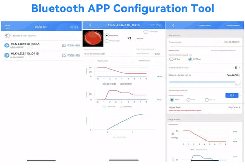 Bluetooth APP Configuration Tool interface for Must Have MmWave Presence Sensor Module for smart homes with data graphs and settings.