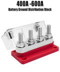 Real Deal Heavy Duty Marine Battery Bus Bar 12 24 48 Volt 600 Amp Copper Terminal Block Power Distribution Strip with four M10 studs.
