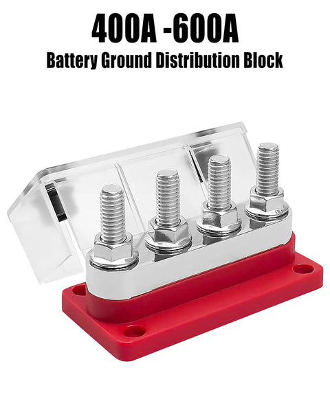 Real Deal Heavy Duty Marine Battery Bus Bar 12 24 48 Volt 600 Amp Copper Terminal Block Power Distribution Strip with four M10 studs.