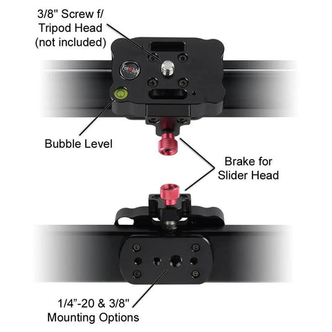Heavy Duty Video Slider Stabilizer For DSLR Cameras with ball bearing slide system showing bubble level and mounting options
