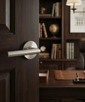 Round Rosette Tubular Passage Door Lever Set in Satin Stainless Steel on a dark wooden door in modern office setting.