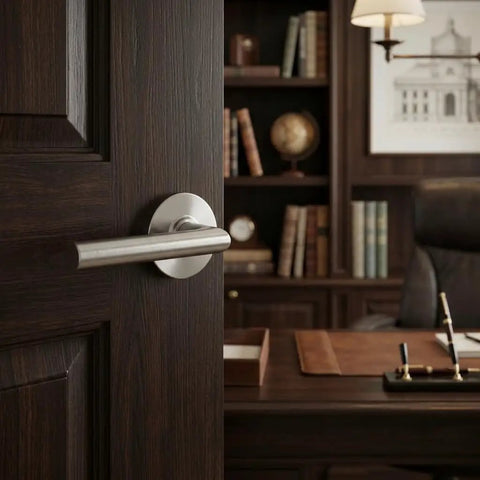 Round Rosette Tubular Passage Door Lever Set in Satin Stainless Steel on a dark wooden door in modern office setting.