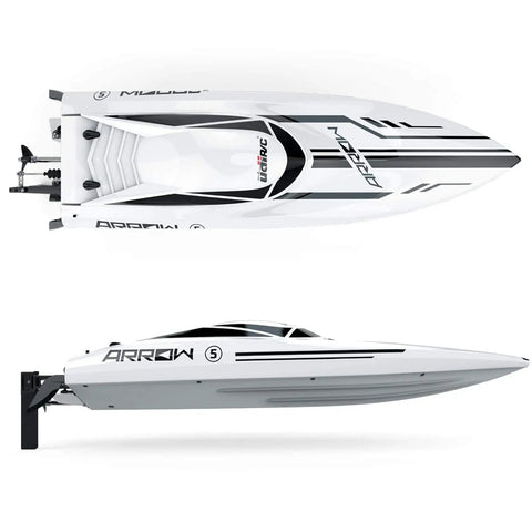 Top and side view of a Massive 25 Inch RC Boat With Brushless Water Cooled Motor Reaches 30 MPH, 2.4GHz Remote Control For Adults