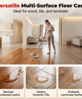 Woman using No Sweat Wood Floor Restorer Without Sanding For Hardwood And Laminate on living room floors, showing clean surfaces.