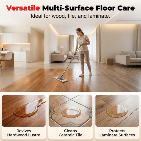 Woman using No Sweat Wood Floor Restorer Without Sanding For Hardwood And Laminate on living room floors, showing clean surfaces.