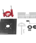 Hardcore Aluminum Router Lift Rig With Stainless Steel Plate For Pro Woodworking Bench Mounts Featuring red lift assembly and black base.