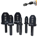 Top Quality 6 Piece Copper Pipe Swaging Drill Bit Set With Triangle Handle Tube Expander Tool Kit For Air Conditioning And Conduit Work Featuring 1/4, 3/8, 1/2, 5/8, 3/4, And 7/8 Inch Imperial Sizes Perfect For Pros with labeled sizes.