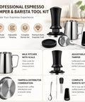 Badass Six Piece Espresso Tamper Kit With Adjustable Calibrated Head includes tamper, pitcher, and tools for coffee preparation.