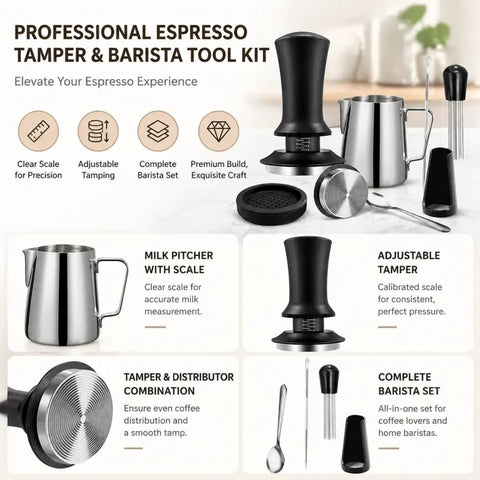 Badass Six Piece Espresso Tamper Kit With Adjustable Calibrated Head includes tamper, pitcher, and tools for coffee preparation.