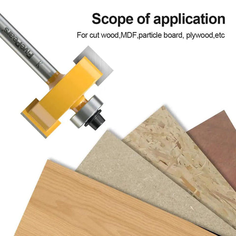 Rabbet Router Bit Set With 1/4 Inch Shank And 6 Bearings used on various wood types for precise corner joints