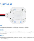 Adjustment controls on ceiling occupancy motion sensor switch for high bay fixtures, 360 degree PIR auto on off lighting, 120 277VAC