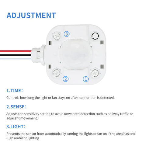 Adjustment controls on ceiling occupancy motion sensor switch for high bay fixtures, 360 degree PIR auto on off lighting, 120 277VAC