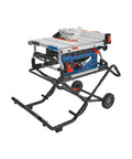 Heavy Duty 10 Inch Portable Jobsite Table Saw With Gravity Rise Wheeled Stand And 15 Amp Motor featuring a robust frame and rolling wheels.