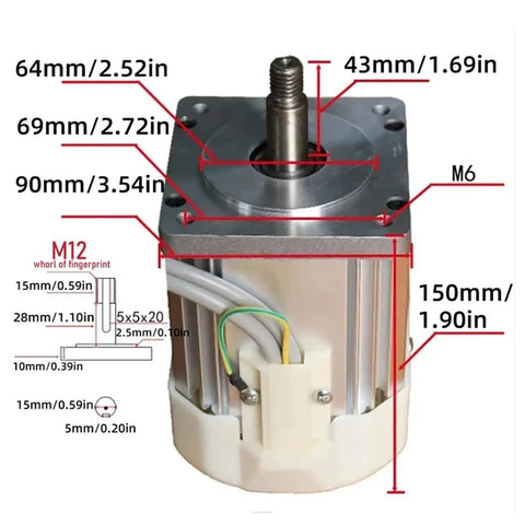 Close-up of Power Packed Brushless Servo Motor Kit With Adjustable Power 550W 750W 1100W 2200W, showing dimensions and wiring.
