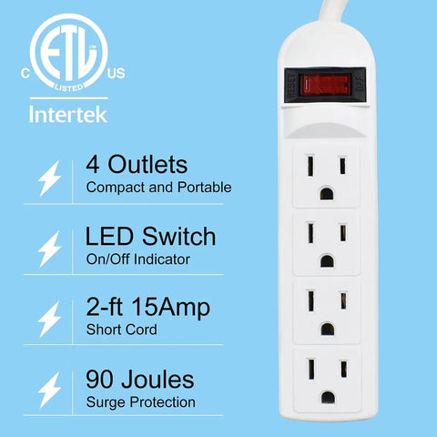 Four Outlet Power Strip With Angled Flat Plug And Short Cord For Kitchen Office Travel 250 Joules Surge Protection Lighted On Off Switch And Circuit Breaker ETL Listed Compact Space Saving Design shown with LED switch and 4 outlets.