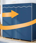 Portable Bamboo Frame Wardrobe Closet With Heavy Duty Nonwoven Cover Double Rod Hanging Clothes Organizer For Dorms And Camping No Sweat Setup That Keeps Your Threads Organized And Looking Sharp, blue exterior and wooden base.