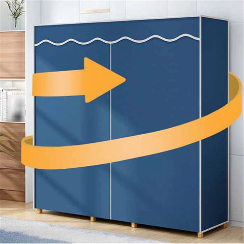 Portable Bamboo Frame Wardrobe Closet With Heavy Duty Nonwoven Cover Double Rod Hanging Clothes Organizer For Dorms And Camping No Sweat Setup That Keeps Your Threads Organized And Looking Sharp, blue exterior and wooden base.