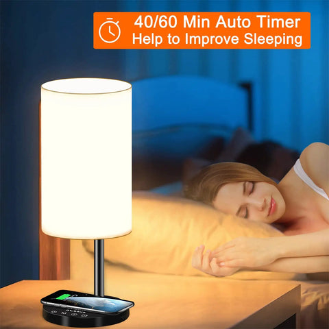 Multifunctional Table Lamp With 10W Fast Wireless Charger, USB Port, lit by bedside with sleeping woman, auto timer display