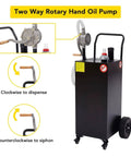 40 Gallon Portable Diesel Fuel Caddy With Manual Transfer Pump Easy Pour Four Wheel Tank Great For Cars Mowers ATVs Boats And More Durable Black Not For Gasoline Built To Roll On Any Jobsite Or Dock On The Go, showing two-way rotary hand oil pump operation.