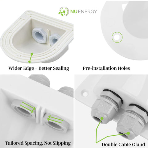 Go-To Dual Cable Gland Waterproof Box for Solar Panels with roof mount kit showing cable entry glands and weatherproof seal details.
