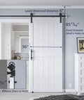 36-Inch By 84-Inch MDF Sliding Barn Door with 6.6-Foot Hardware Kit and Handle installed in a bedroom, showing measurements.
