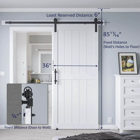 36-Inch By 84-Inch MDF Sliding Barn Door with 6.6-Foot Hardware Kit and Handle installed in a bedroom, showing measurements.