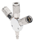 Three Way Air Splitter And Pneumatic Fitting In Aluminum Alloy With One Quarter Inch NPT Male Thread Rust Resistant