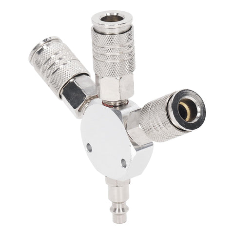 Three Way Air Splitter And Pneumatic Fitting In Aluminum Alloy With One Quarter Inch NPT Male Thread Rust Resistant